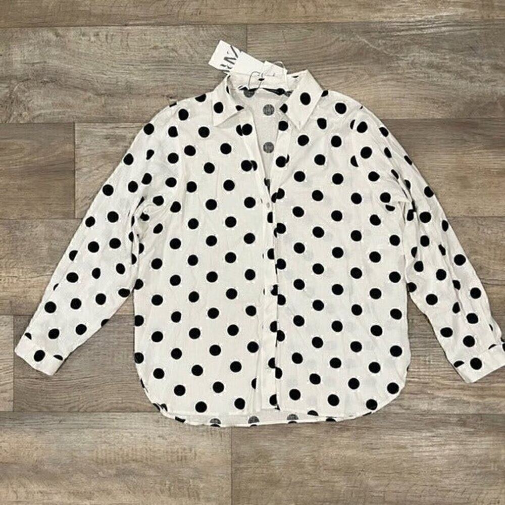 ZARA Polka Dot Linen Blend Oversized Shirt NWT French Girl Blouse - Picture 12 of 14